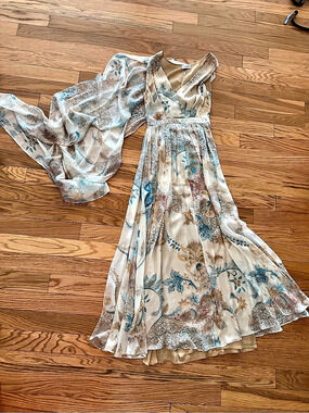 Raquel Diniz Barbara Cape Silk Maxi Dress Floral Cream & Blue